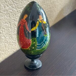 Vintage Russian Hand painted Lacquer Wood Egg On Stand